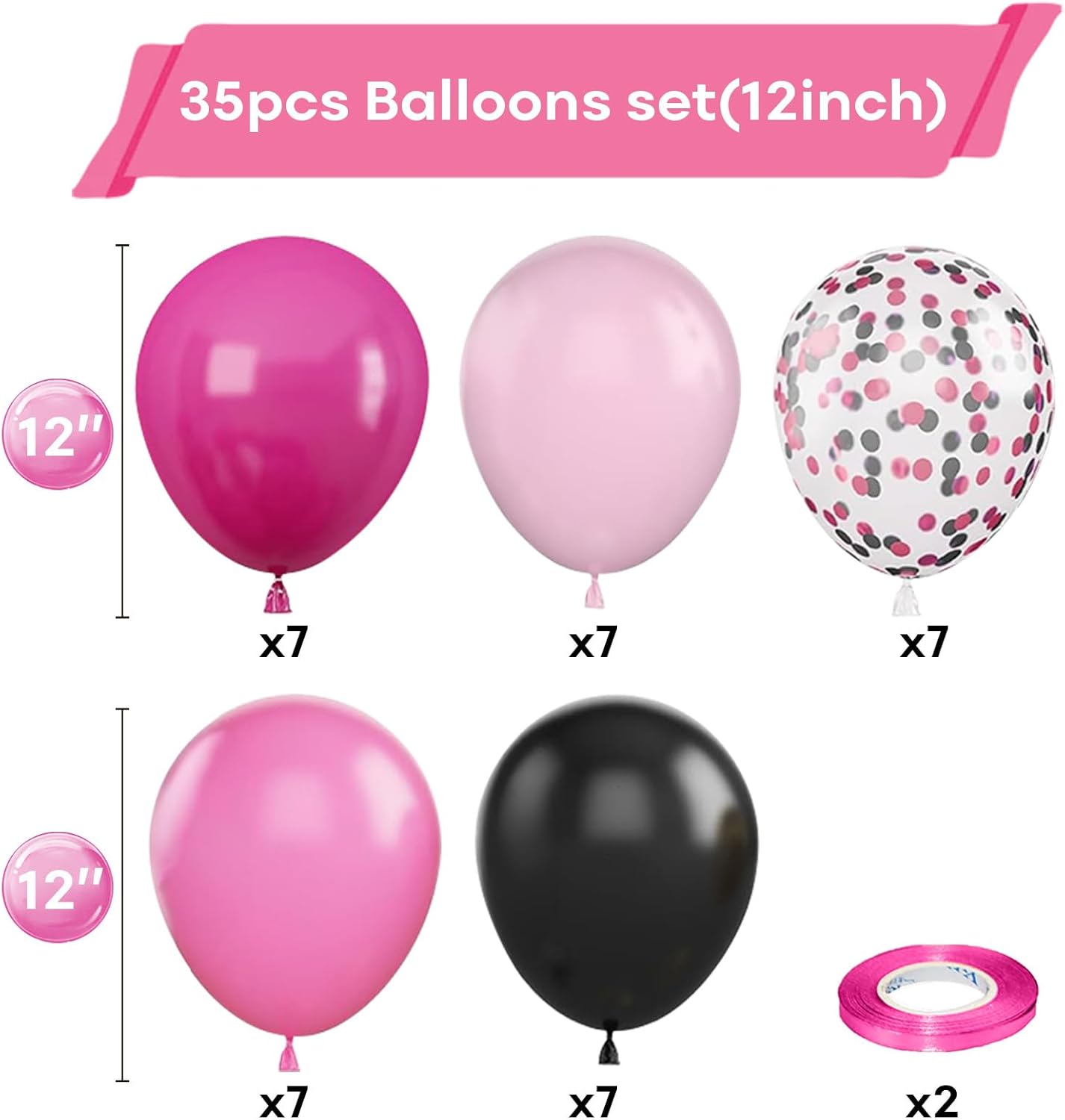 Pink and Black Balloons, 12 Inch