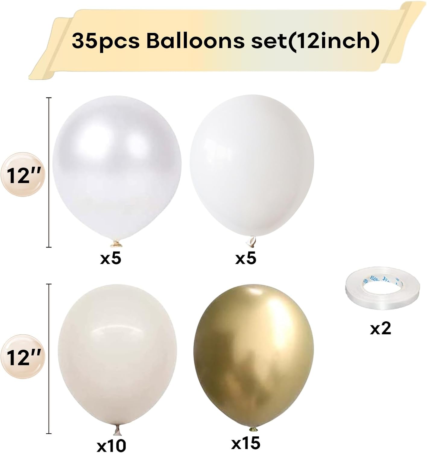 White and Gold Balloons, 12 Inch