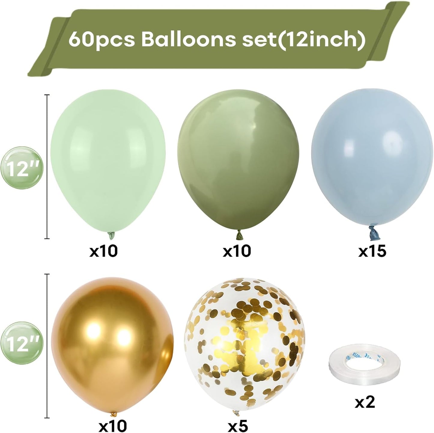 Dusty Green Blue Balloon, 60 Packs 12 Inch