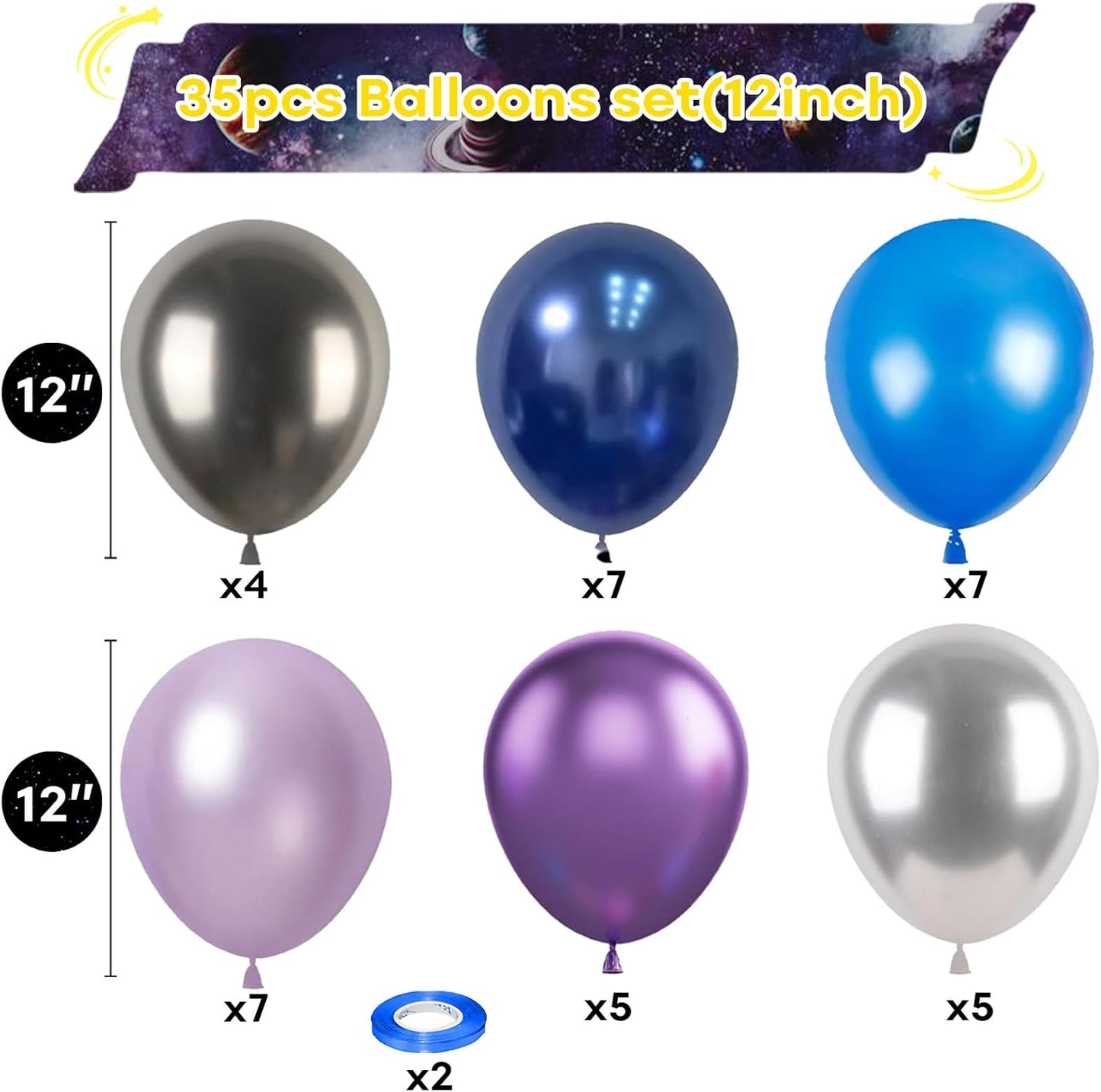 12 Inches Galaxy Blue Purple Balloons with Metallic Black Silver Balloons