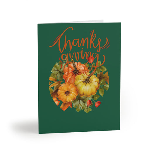 Green Floral Happy Thanksgiving Greeting Card Set. - (8pcs)