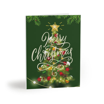 Christmas Greeting Cards (8, 16, and 24 pcs) - Green Background with Christmas Tree and Star